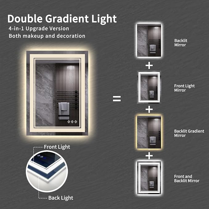 LED Mirror, 20x28 Inch Gradient Front and Backlit LED Bathroom Mirror, 3 Colors - Image 4