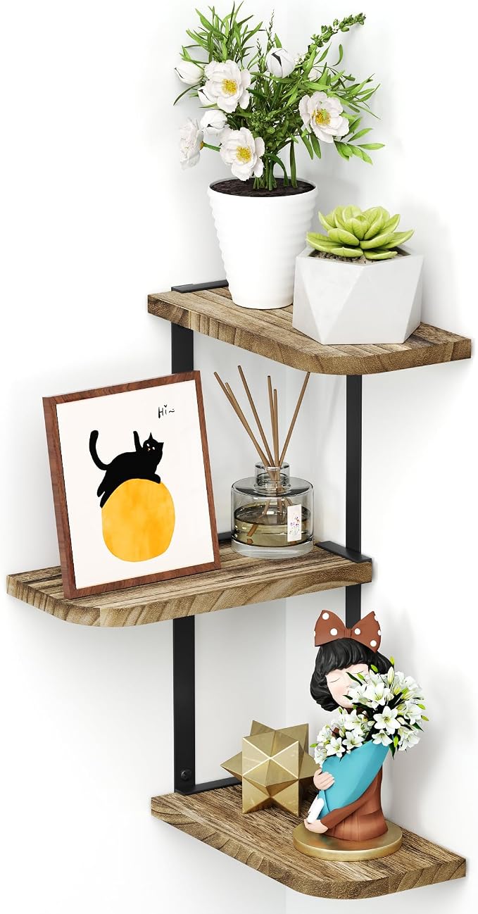 Love-KANKEI Corner Shelf Wall Mount of 3 Tier Rustic Wood Floating Shelves - Image 9