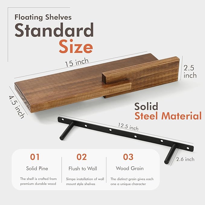 GRID FORTE Wood Floating Shelf Set of 2, 4.5D x 15W Inch Modern Reversible Wall - Image 3
