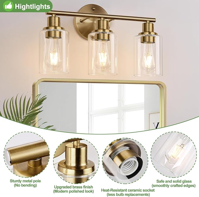 Zarbitta 3-Light Bathroom Light Fixtures, Brushed Brass Bathroom Wall Lights - Image 4