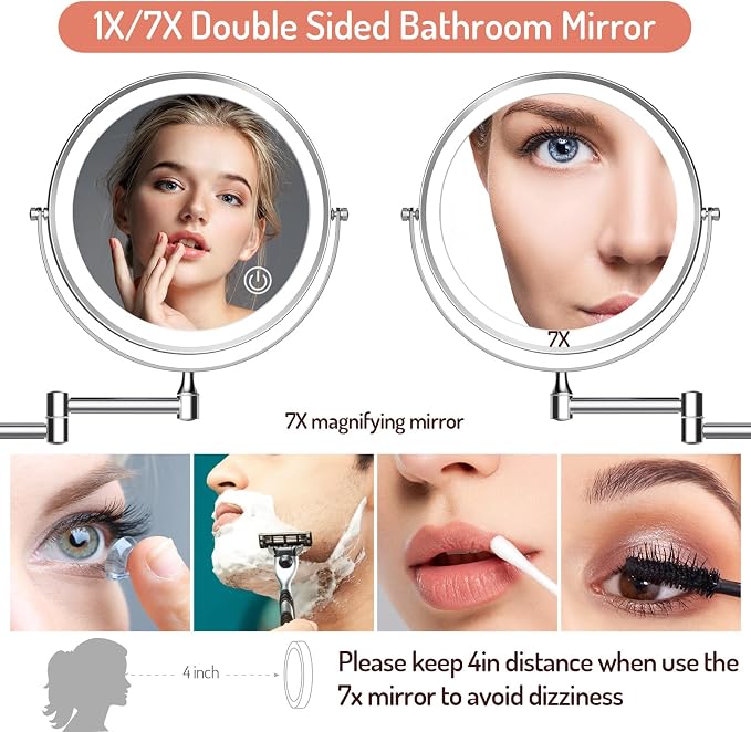 Rocollos Rechargeable Wall Mounted Lighted Makeup Mirror, 8 Inch Double-Sided - Image 4