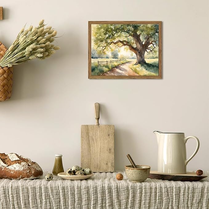 Framed Vintage Tree Landscape Wall Art, Watercolor Country Road Nature Wall - Image 3