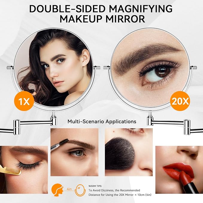Auxmir Wall Mounted Makeup Mirror, 8 Inch 1X/20X Double Sided Magnifying Mirror - Image 2