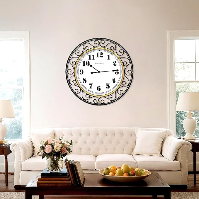 SwallowLiving 30 Inch Vintage Iron Large Black Metal Frame Wall Clock Silent - Image 6