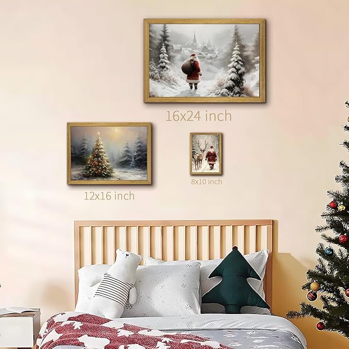 Vintage Christmas Canvas Wall Art, Wood Framed Santa Claus Wall Decor Painting - Image 5