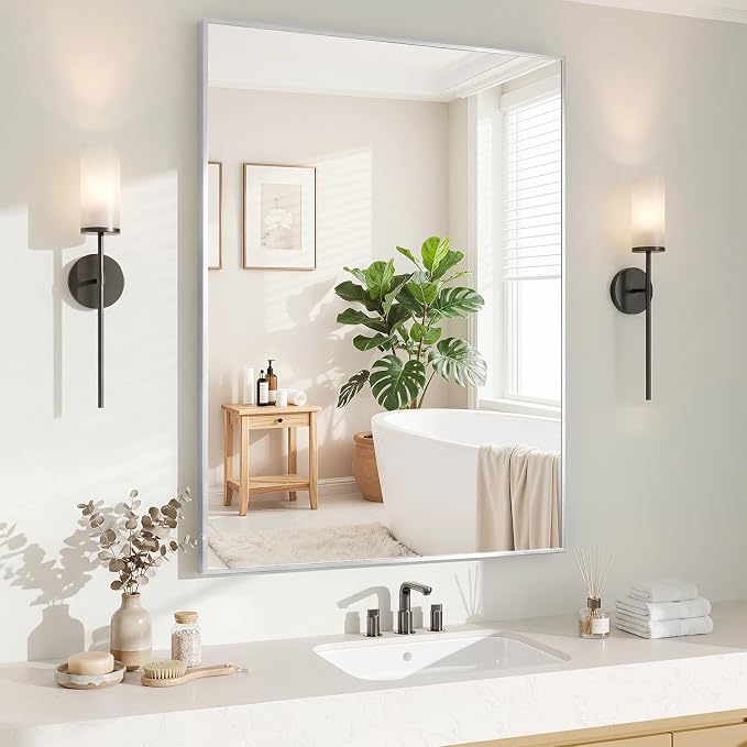 Koonmi Silver Rectangle Wall Mirror, 30x40 Inch Bathroom Mirror, Aluminum Frame by KOONMI