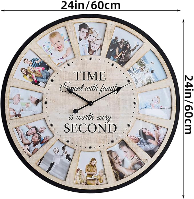 12 Photo Collage Rustic Wood Farmhouse Wall Clock, Large Family Picture Wall - Image 7