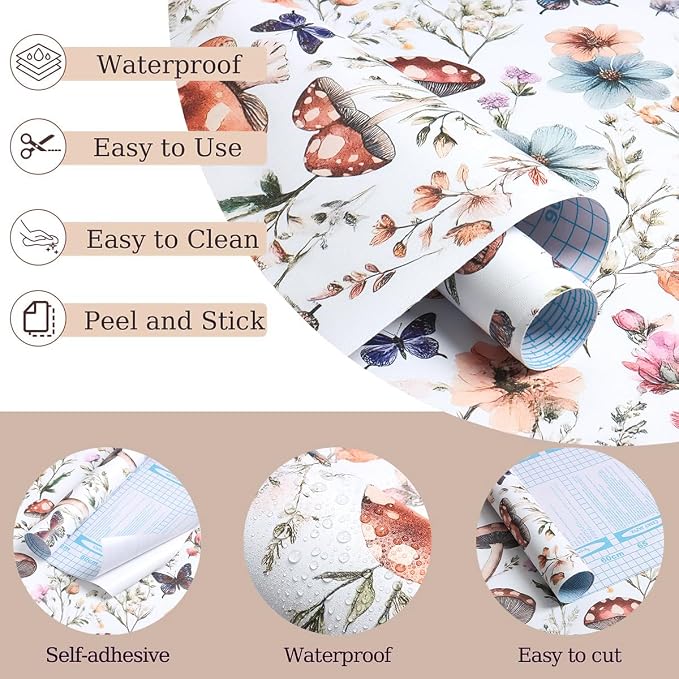 Froluya Mushroom Wallpaper Peel and Stick Vintage Floral Contact Paper 16.9" x - Image 4