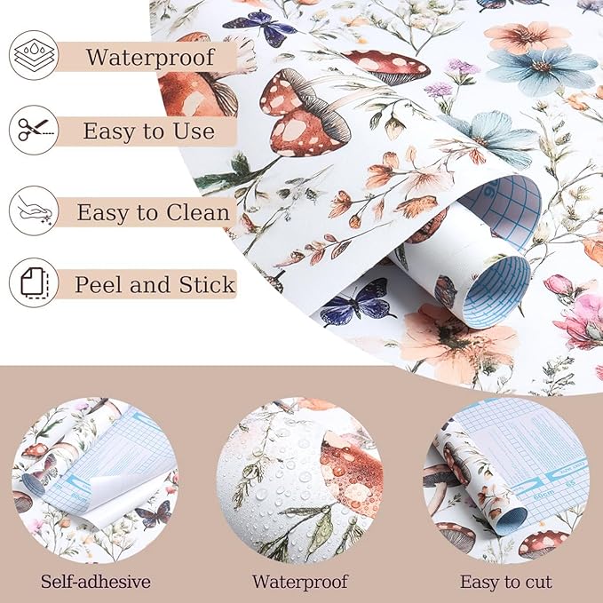 Froluya Mushroom Wallpaper Peel and Stick Vintage Floral Contact Paper 16.9" x - Image 4