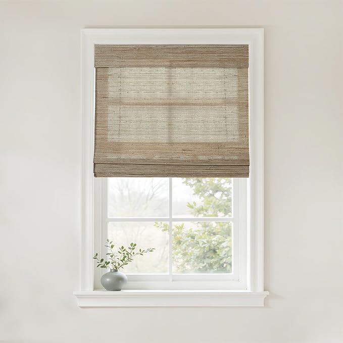 TWOPAGES Natural Woven No Drill Roman Shades, Custom Cordless Blackout Bamboo by TWOPAGES