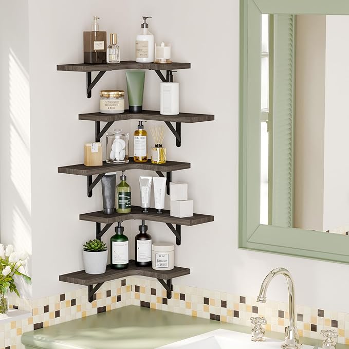 Fixwal Floating Shelves for Wall Set of 5, Rustic Wood Wall Mounted Corner - Image 4