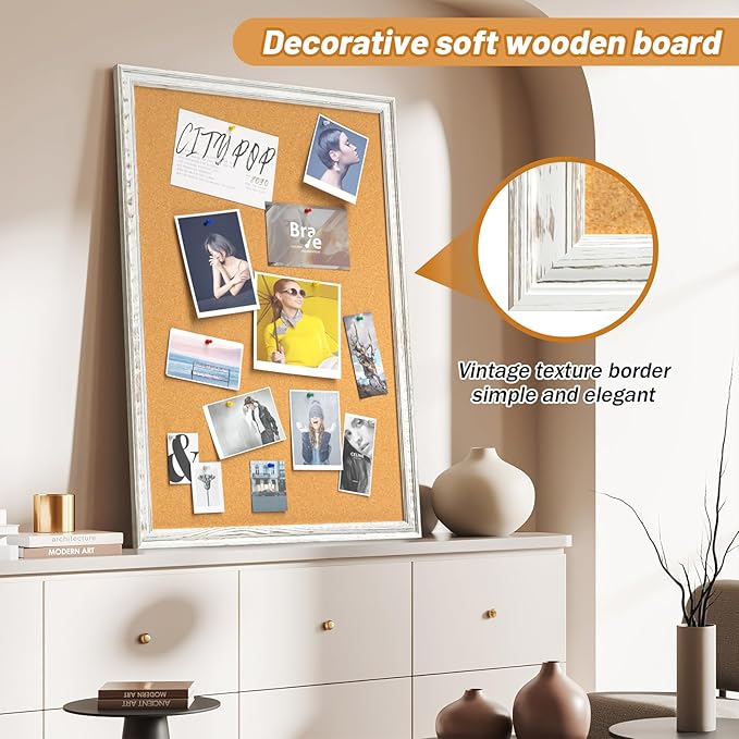 White Cork Board for Wall, 36 x 24 inches Decorative Bulletin Board, Rustic - Image 6