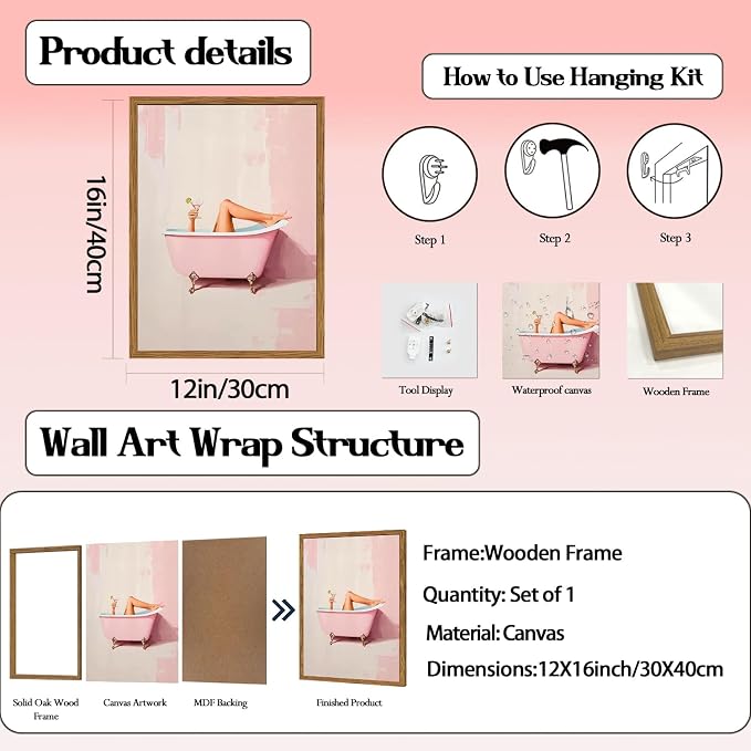 Funny Pink Girl Bathroom Wall Art, Cute Girly Bathtub Wall Decor Painting - Image 3