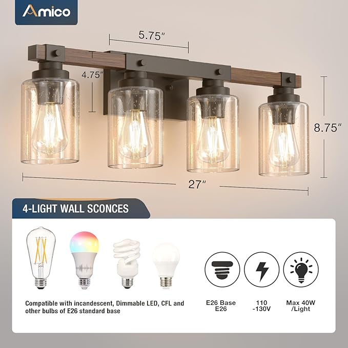 Amico Farmhouse Bathroom Vanity Light Fixtures, Rustic 4-Light Industrial - Image 6