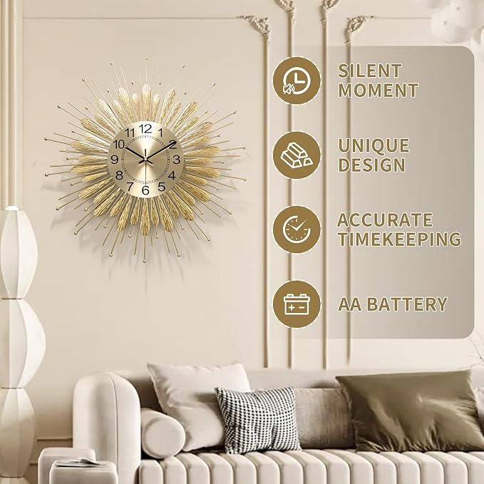 Large Wall Clock, 23inch Gold Wall Clock Non-Ticking Mid Century Wall Clocks - Image 5