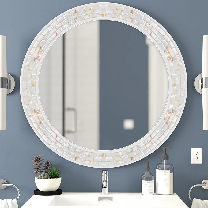 Mosaic Mirrors for Wall 30 Inch, Natural Mother of Pearl Inlay White Framed - Image 7