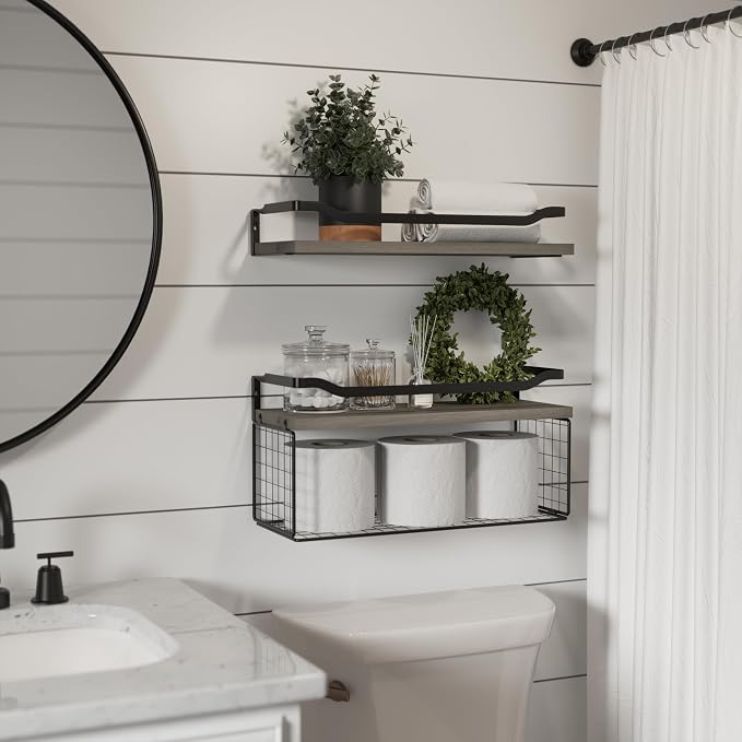 WOPITUES Floating Shelves with Wire Storage Basket, Bathroom Shelves Over - Image 2