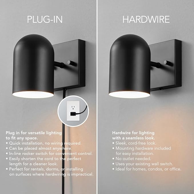 Globe Electric 65000098 1-Light Plug-in or Hardwire Wall Sconce, Matte Black - Image 7