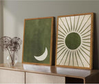 Framed Boho Sun and Moon Canvas Wall Art Set of 2, Vintage Sage Green Bohemian - Image 3