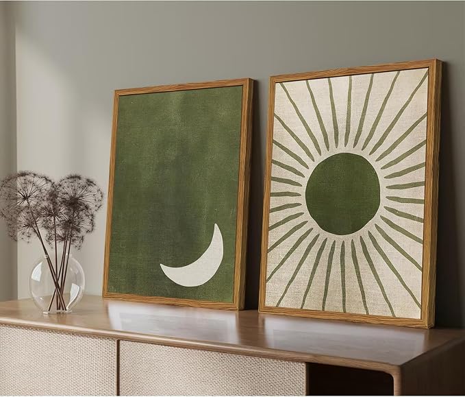 Framed Boho Sun and Moon Canvas Wall Art Set of 2, Vintage Sage Green Bohemian - Image 3