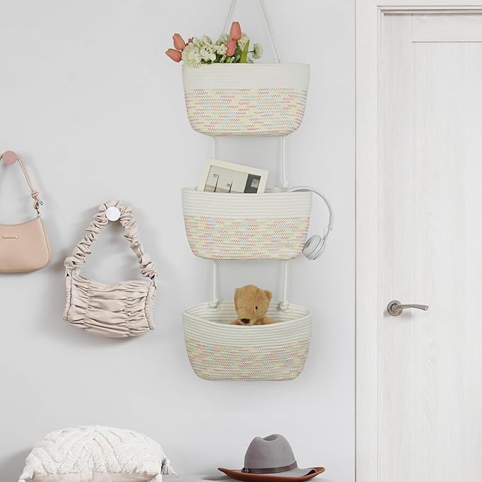 TeoKJ Over the Door Hanging Basket, 3-Tier Woven Cotton Wall-Mounted Storage - Image 3