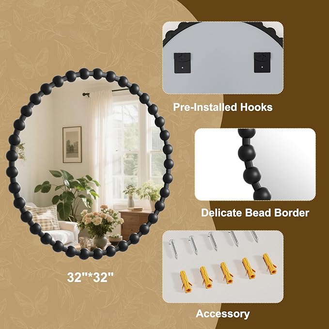 Easly Round Mirror for Wall, 32 Inch Black Beaded Frame Decorative Vanity Mirror - Image 4