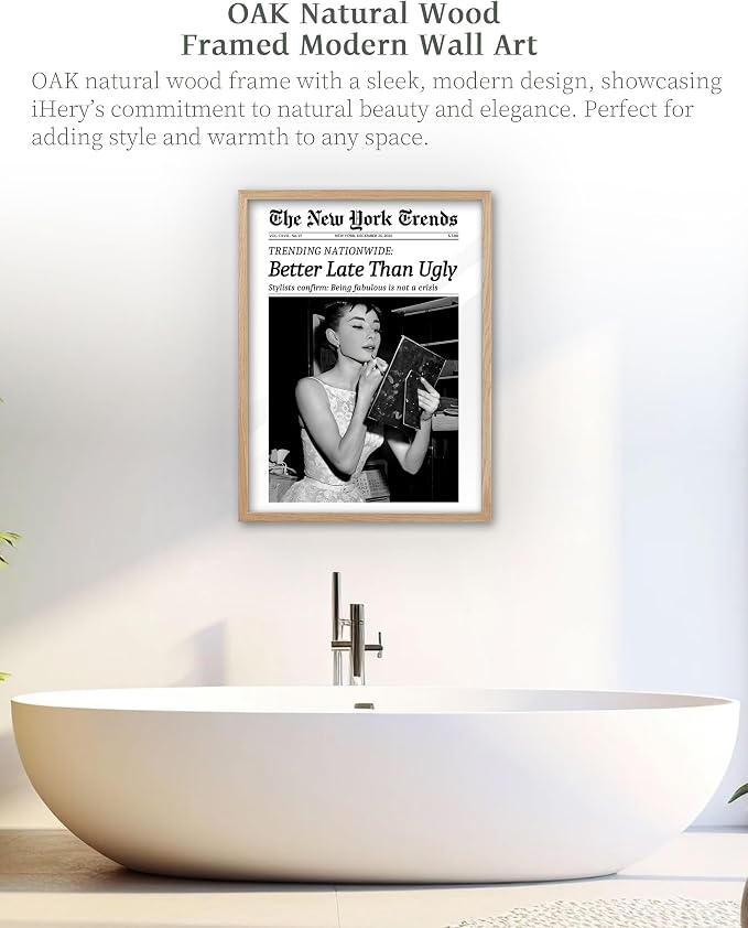 iHery Natural OAK Wood Audrey Hepburn Trendy Framed Wall Art, Better Late Than - Image 7