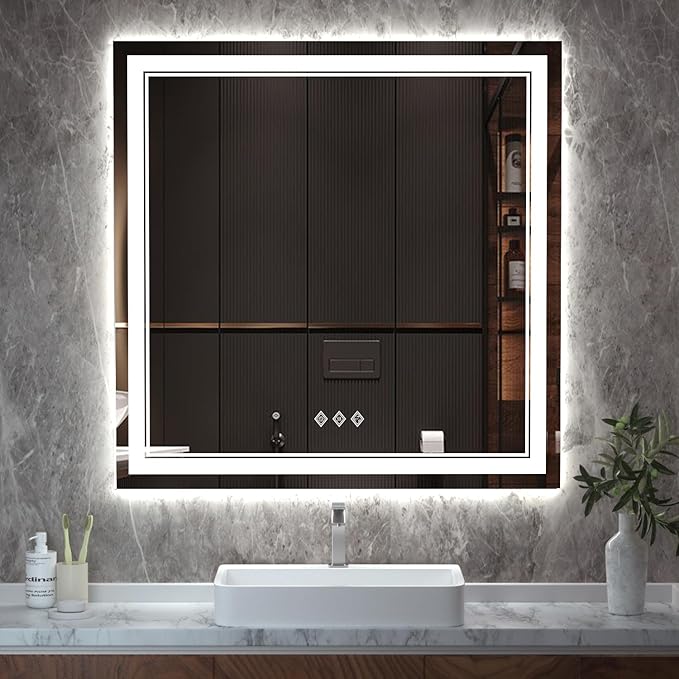 LED Mirror for Bathroom, 36x36 Inch, 3 Colors Dimmable CRI>90 Double Lights by VanPokins-GlobalHighEndLEDBathroomMirrorBrand