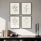 Framed Black and White Floral Wall Art, 4 Piece Vintage Gray Botanical Canvas by Cuspin