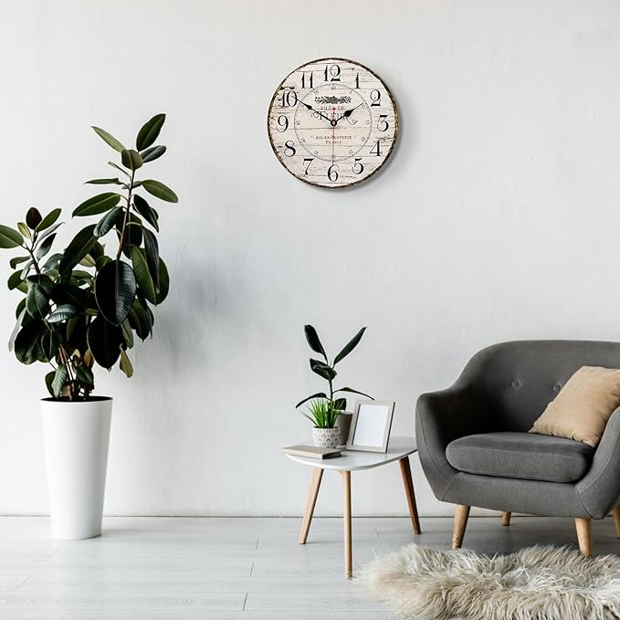 14 Inch Retro Vintage French Country Style Round Wooden Wall Clock Silent - Image 7