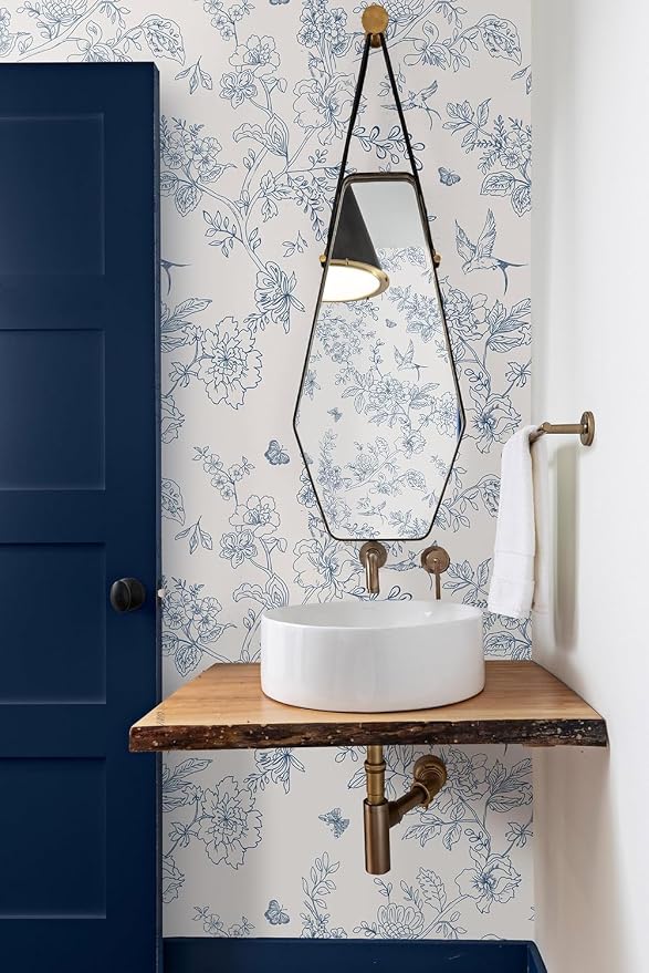 Froluya Cream White and Blue Floral Wallpaper Peel and Stick Wallpaper - Image 2