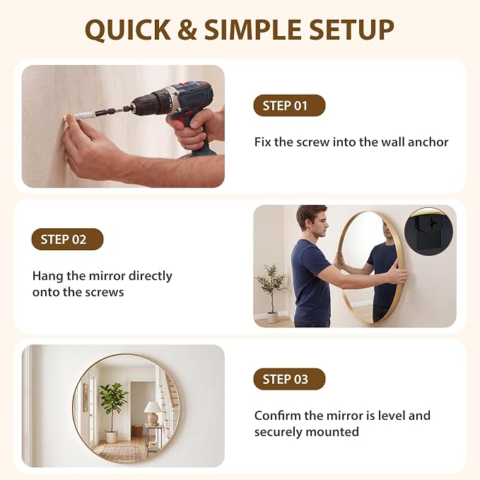 NEWBULIG 20-Inch Round Wall Mirror, Bathroom Wall Circle Mirror - Image 6