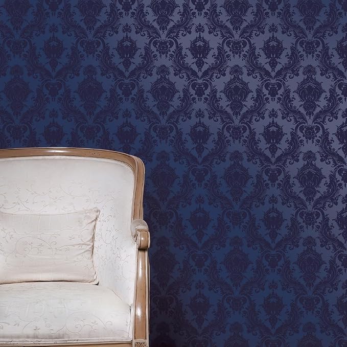 Tempaper Textured Metallic Blue Damsel Removable Peel and Stick Damask Wallpaper - Image 7