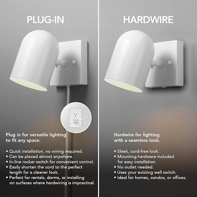 Globe Electric 65000146 1-Light Plug-in or Hardwire Wall Sconce, Matte White - Image 6