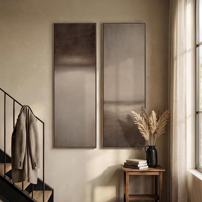 Long Narrow Framed Brown and Beige Neutral Abstract Vertical Wall Art, - Image 3