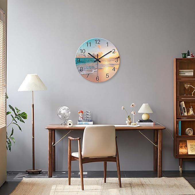 Blue Wall Clock Silent Glass Beach Wall Clock - Image 2