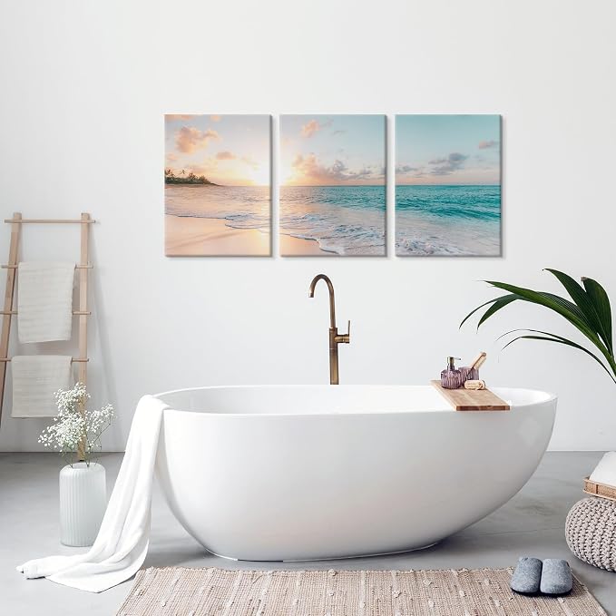 Goldfoilart 3 Pieces Beach Wall Art Sunset Bathroom Canvas Pictures Ocean Wall - Image 2