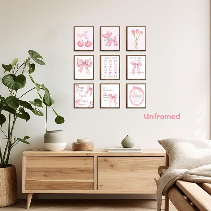 Pink Bows Bible Verse Christian Canvas Wall Art Set of 9, Trendy Posters Prints - Image 2