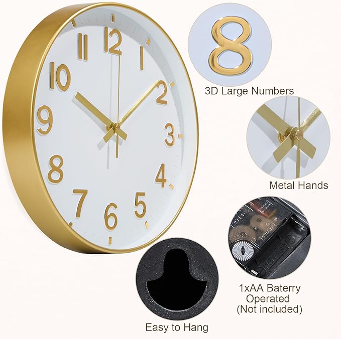 Gold Wall Clock, 8 Inch Wall Clocks Battery Operated, Round Modern Non Ticking - Image 6