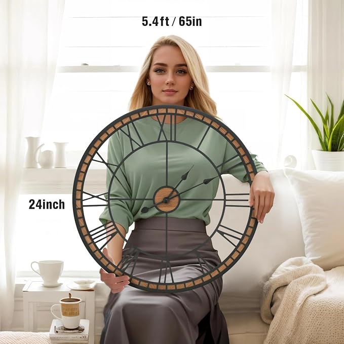 Micasso Large Farmhouse Wall Clock: 24 inch Modern Metal Black - Image 2