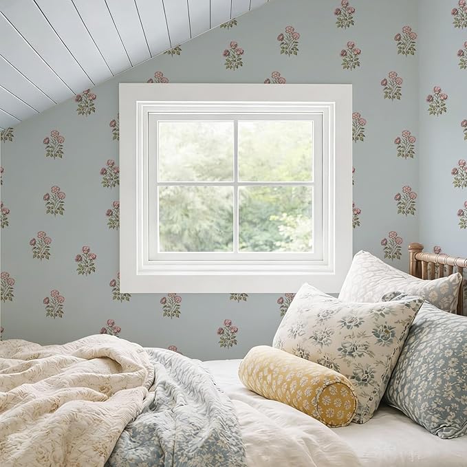 17.3" x 78.7" Vintage Blue Floral Wallpaper Peel and Stick Boho Wallpaper - Image 5