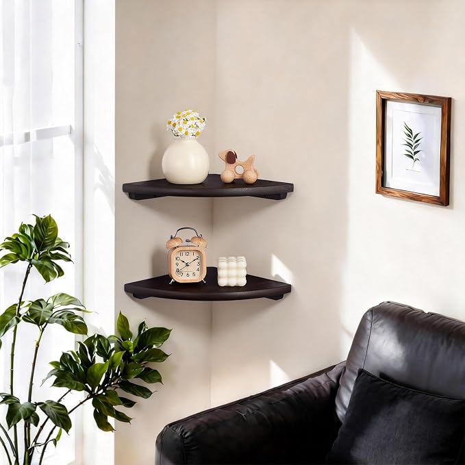 Gieanoo Floating Corner Shelves Set 2 12inch Walnut Solid Oak Rounded Corner - Image 2