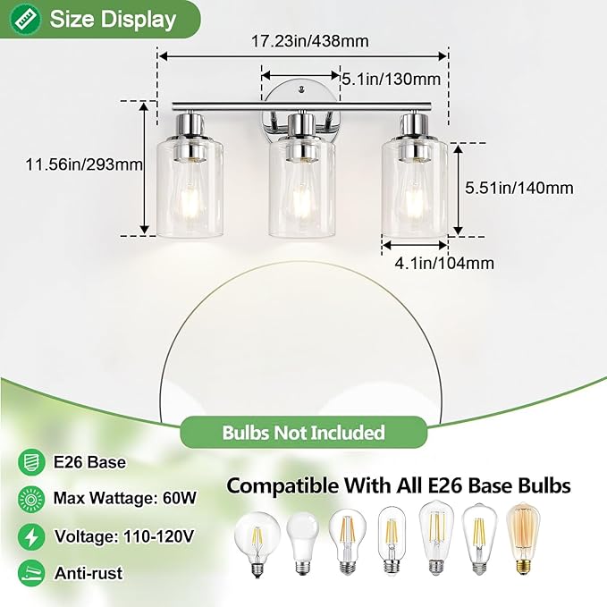Zarbitta 3-Light Bathroom Light Fixtures, Chrome Bathroom Wall Light - Image 8
