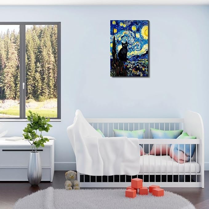 ALMLZL Framed Van Gogh The Starry Night Cat Canvas Wall Art Cute Funny Black - Image 5