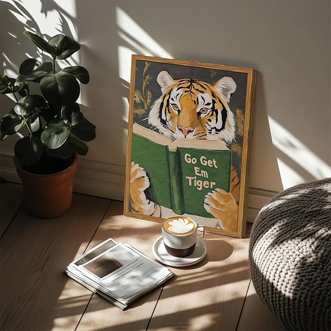 Framed Funny Tiger Wall Art, Motivational Animal Reading Wall Decor Paintings - Image 2