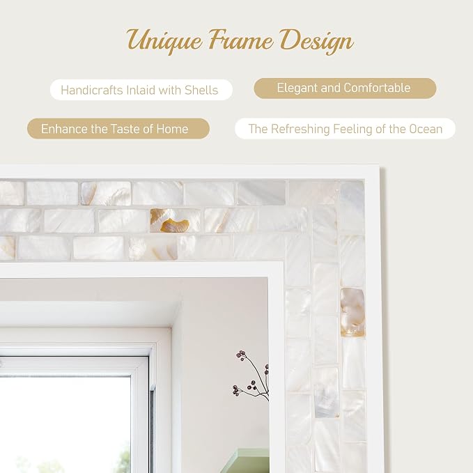 Mosaic Bathroom Mirrors for Wall 24x36 Inch, Natural Mother of Pearl Inlay - Image 3