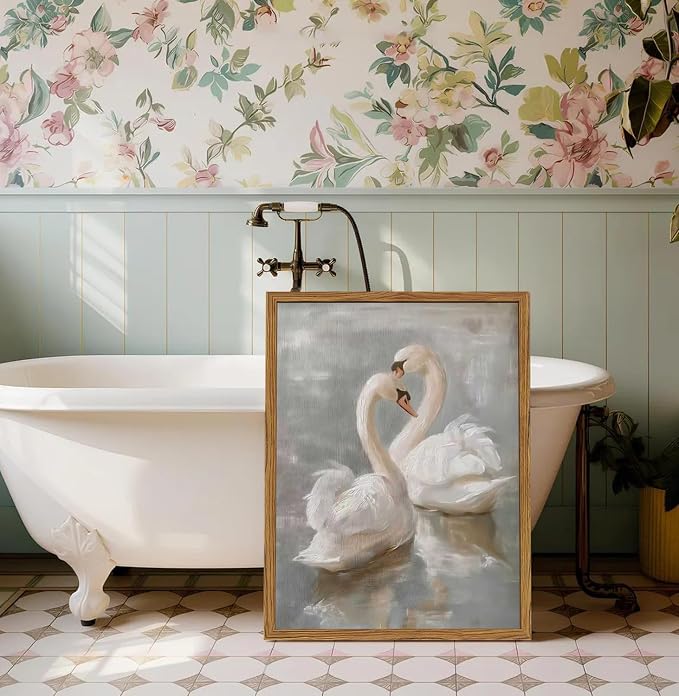 Framed Vintage Swan Canvas Wall Art, Romantic White Swan Paintings Wall Decor - Image 4