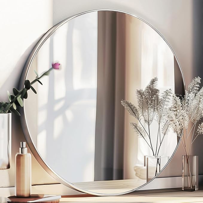 Sunniry Silver Round Mirror 30 inch, Round Bathroom Mirror, Circle Wall Mirrors by Sunniry