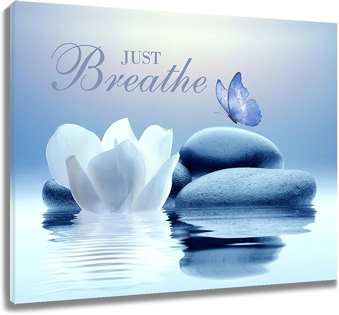 EOBTAIN Zen Canvas Wall Art Bathroom Blue Butterfly and Floral Stone Relaxing by EOBTAIN