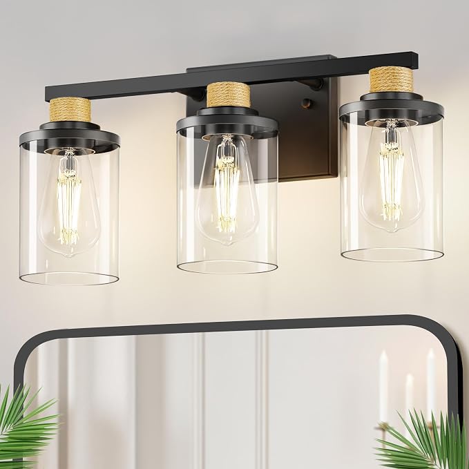 DORESshop 17 Inch Bathroom Light Fixtures, 3-Light Black & Rope Bathroom by DORESshop